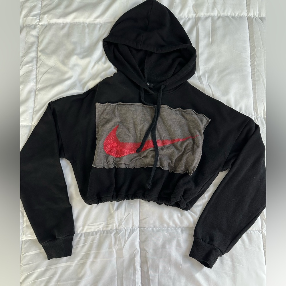 Nike Black and Red Cropped Hoodie